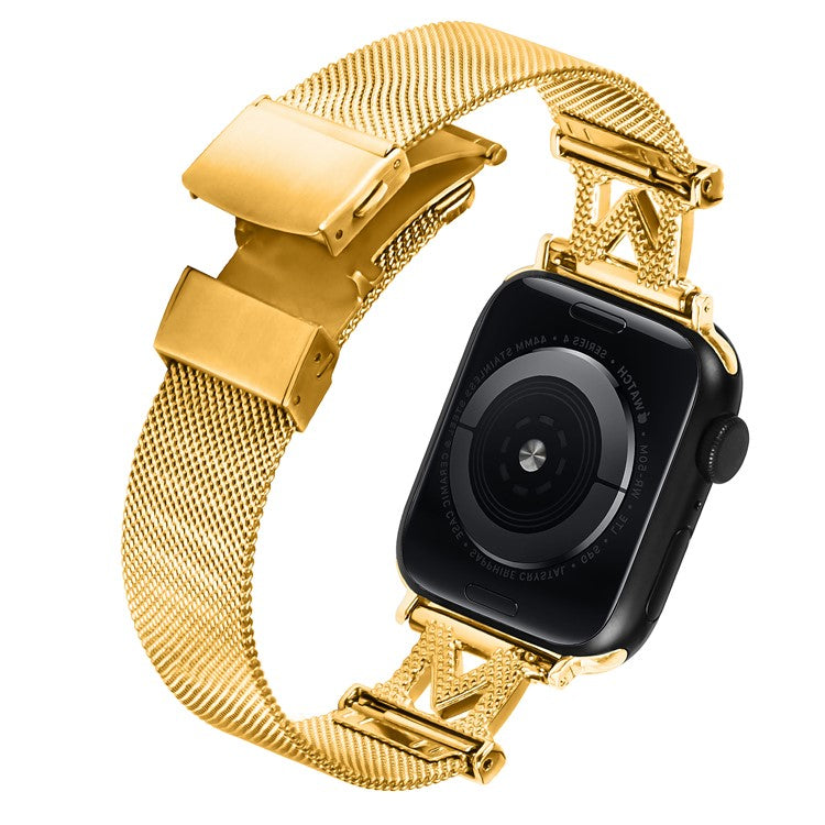 For Apple Watch Series 10 46mm / Ultra 2 Ultra 49mm / Series 9 8 7 45mm / 6 5 4 SE (2023) SE (2022) SE 44mm / 3 2 1 42mm Milanese Stainless Steel Band Rhinestone Decor Strap - Gold