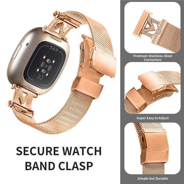 For Fitbit Sense / Versa 3 Milanese Stainless Steel Mesh Band M-shape Design Watch Strap with Folding Buckle - Rose Gold