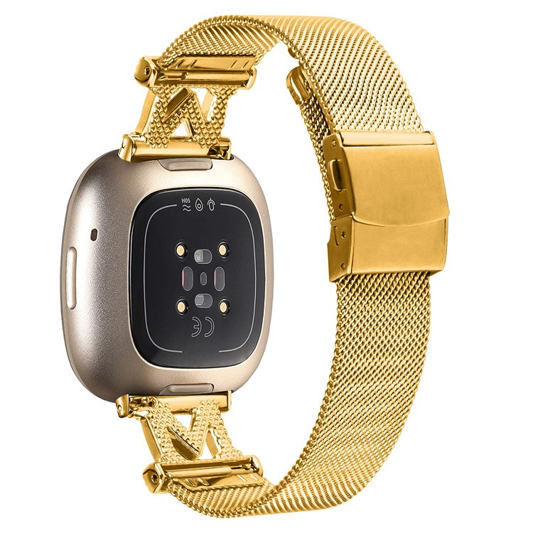 For Fitbit Versa 4 / Sense 2 Stylish M-shape Design Watch Strap Milanese Stainless Steel Band with Folding Buckle - Gold