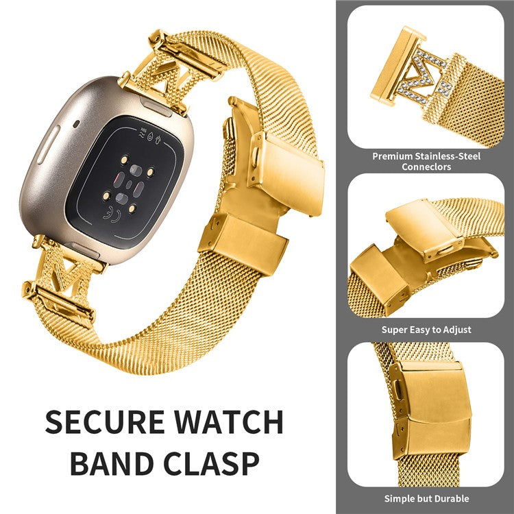 For Fitbit Versa 4 / Sense 2 Stylish M-shape Design Watch Strap Milanese Stainless Steel Band with Folding Buckle - Gold