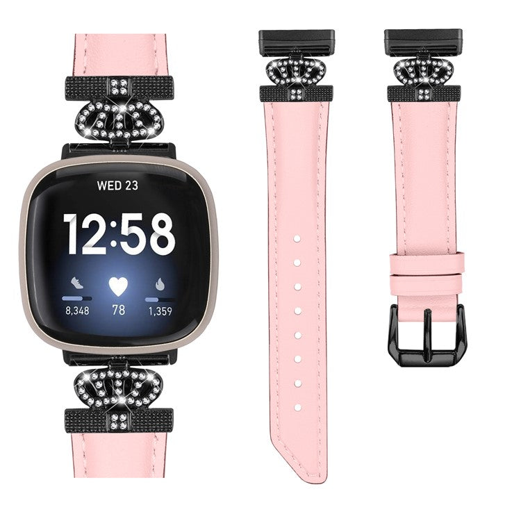 For Fitbit Versa 3 / Versa 4 / Sense / Sense 2 Black Buckle Watch Strap Genuine Cowhide Leather Wristband - Pink