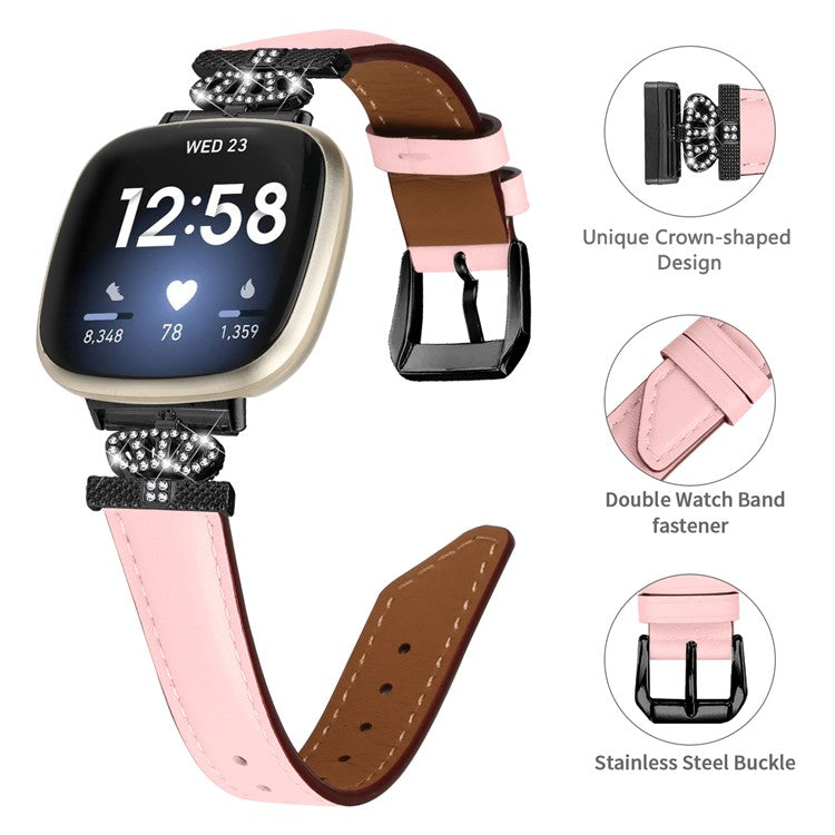 For Fitbit Versa 3 / Versa 4 / Sense / Sense 2 Black Buckle Watch Strap Genuine Cowhide Leather Wristband - Pink
