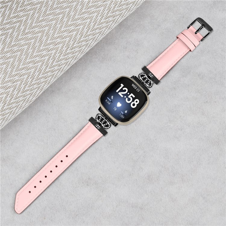 For Fitbit Versa 3 / Versa 4 / Sense / Sense 2 Black Buckle Watch Strap Genuine Cowhide Leather Wristband - Pink
