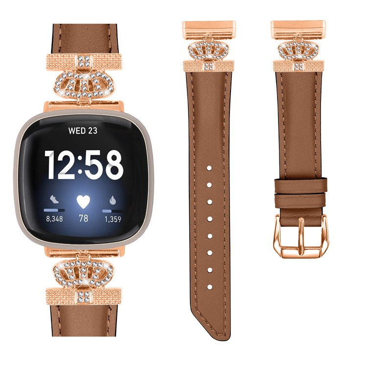 For Fitbit Versa 3 / Versa 4 / Sense / Sense 2 Rose Gold Buckle Watch Band Crown Rhinestone Wrist Strap - Brown