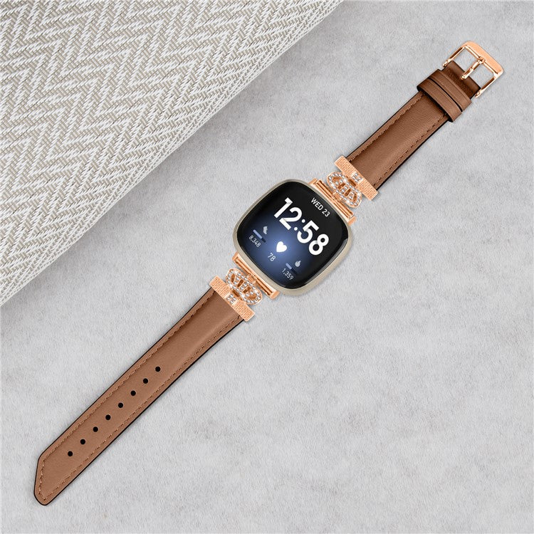 For Fitbit Versa 3 / Versa 4 / Sense / Sense 2 Rose Gold Buckle Watch Band Crown Rhinestone Wrist Strap - Brown