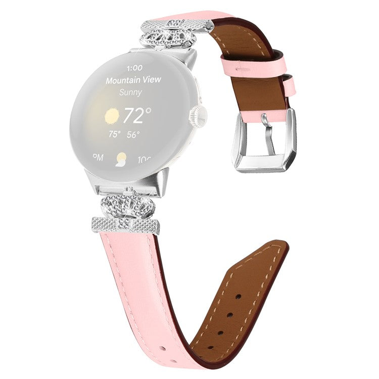 Silver Buckle Band for Google Pixel Watch / Pixel Watch 2 Crown Rhinestone Decor Genuine Cowhide Leather Wrist Strap - Pink