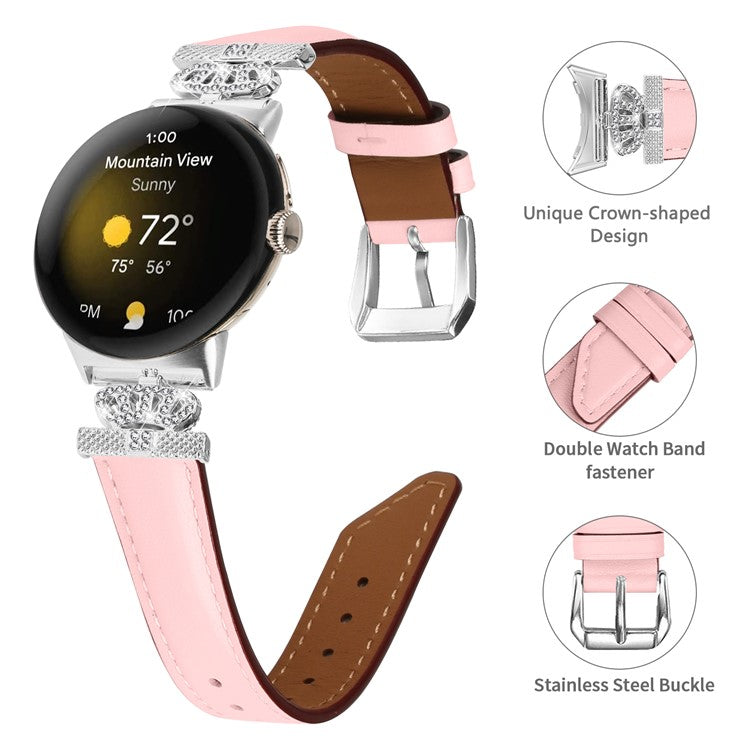 Silver Buckle Band for Google Pixel Watch / Pixel Watch 2 Crown Rhinestone Decor Genuine Cowhide Leather Wrist Strap - Pink