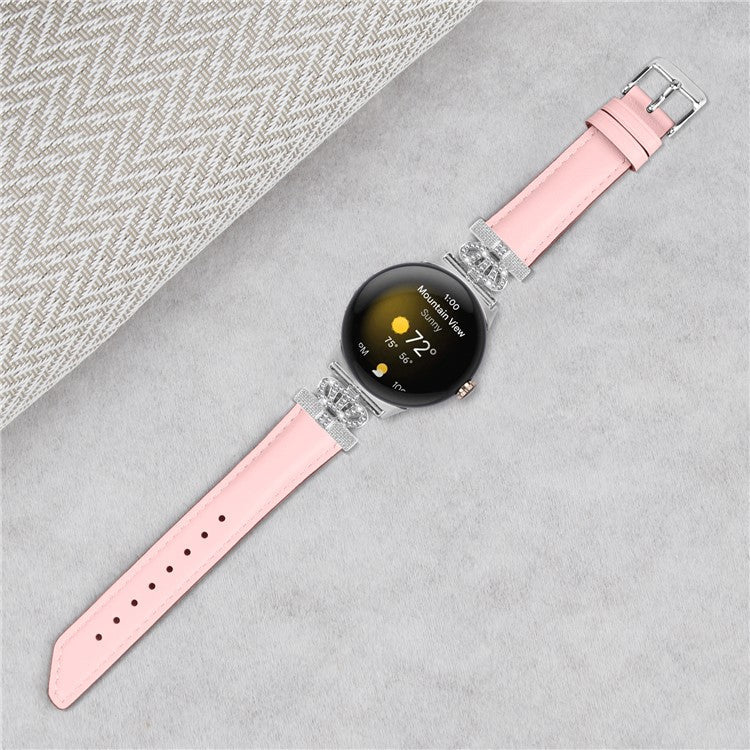 Silver Buckle Band for Google Pixel Watch / Pixel Watch 2 Crown Rhinestone Decor Genuine Cowhide Leather Wrist Strap - Pink