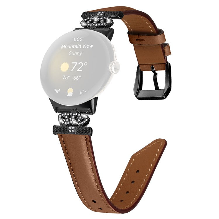 Black Buckle Watch Strap for Google Pixel Watch / Pixel Watch 2 Genuine Cowhide Leather Band with Crown Rhinestone - Brown