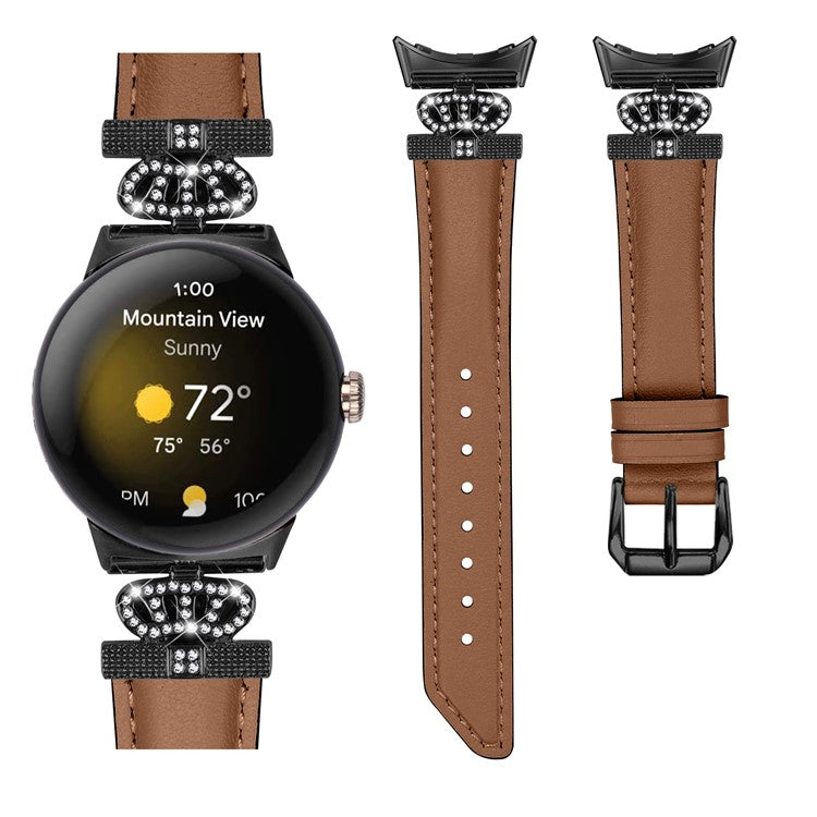 Black Buckle Watch Strap for Google Pixel Watch / Pixel Watch 2 Genuine Cowhide Leather Band with Crown Rhinestone - Brown