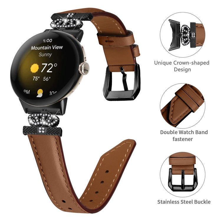 Black Buckle Watch Strap for Google Pixel Watch / Pixel Watch 2 Genuine Cowhide Leather Band with Crown Rhinestone - Brown