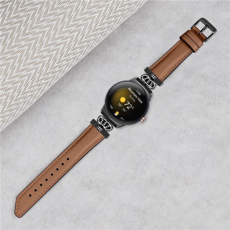 Black Buckle Watch Strap for Google Pixel Watch / Pixel Watch 2 Genuine Cowhide Leather Band with Crown Rhinestone - Brown