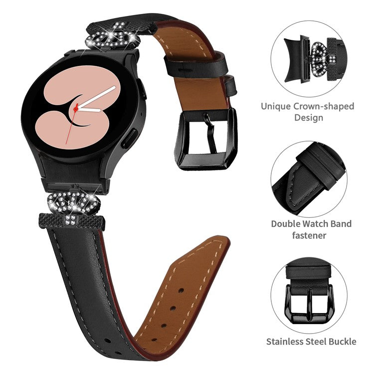 Black Buckle Band for Samsung Galaxy Watch6 40mm 44mm / Watch6 Classic 43mm 47mm Rhinestone Crown Connector Watch Strap Bracelet - Black