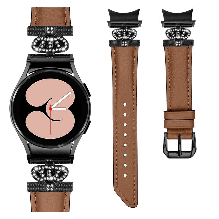 Black Buckle Band for Samsung Galaxy Watch6 40mm 44mm / Watch6 Classic 43mm 47mm Rhinestone Crown Connector Watch Strap Bracelet - Brown