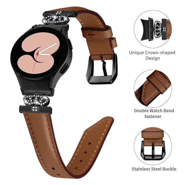 Black Buckle Band for Samsung Galaxy Watch6 40mm 44mm / Watch6 Classic 43mm 47mm Rhinestone Crown Connector Watch Strap Bracelet - Brown