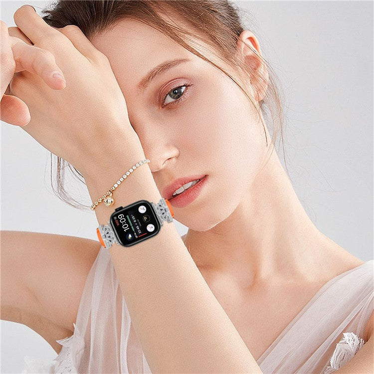 Silver Buckle Watch Band for Apple Watch Series 10 46mm / Ultra 2 Ultra 49mm / Series 9 8 7 45mm / 6 5 4 SE (2023) SE (2022) SE 44mm / 3 2 1 42mm Rhinestone Bracelet Strap - Orange
