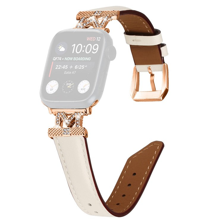 Watch Band for Apple Watch Series 10 46mm / Ultra 2 Ultra 49mm / Series 9 8 7 45mm / 6 5 4 SE (2023) SE (2022) SE 44mm / 3 2 1 42mm Rhinestone M-Shape Connector Strap with Rose Gold Buckle - Apricot