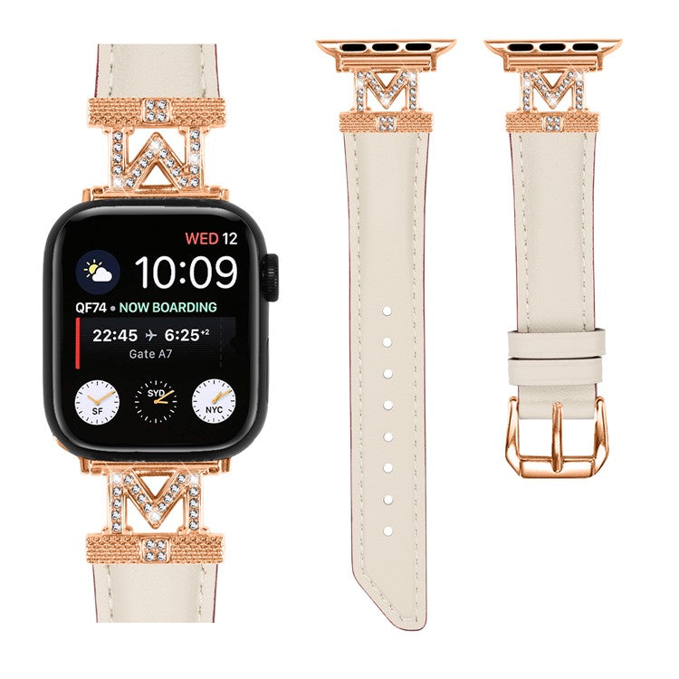 Watch Band for Apple Watch Series 10 46mm / Ultra 2 Ultra 49mm / Series 9 8 7 45mm / 6 5 4 SE (2023) SE (2022) SE 44mm / 3 2 1 42mm Rhinestone M-Shape Connector Strap with Rose Gold Buckle - Apricot