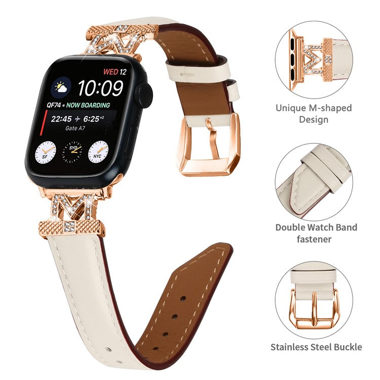 Watch Band for Apple Watch Series 10 46mm / Ultra 2 Ultra 49mm / Series 9 8 7 45mm / 6 5 4 SE (2023) SE (2022) SE 44mm / 3 2 1 42mm Rhinestone M-Shape Connector Strap with Rose Gold Buckle - Apricot
