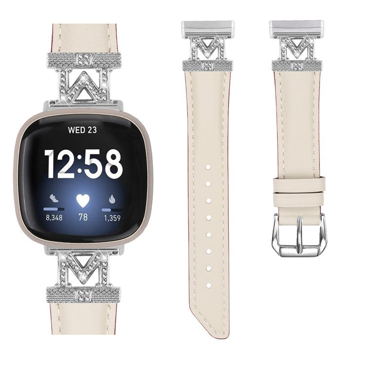 For Fitbit Versa 3 / Versa 4 / Sense / Sense 2 M Shape Rhinestone Decor Genuine Cowhide Leather Watch Strap with Silver Buckle - Apricot