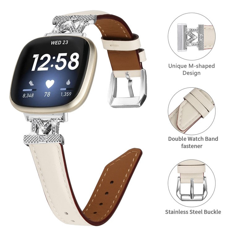 For Fitbit Versa 3 / Versa 4 / Sense / Sense 2 M Shape Rhinestone Decor Genuine Cowhide Leather Watch Strap with Silver Buckle - Apricot