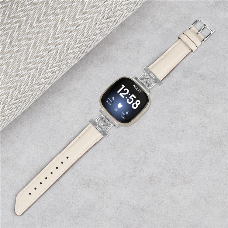 For Fitbit Versa 3 / Versa 4 / Sense / Sense 2 M Shape Rhinestone Decor Genuine Cowhide Leather Watch Strap with Silver Buckle - Apricot