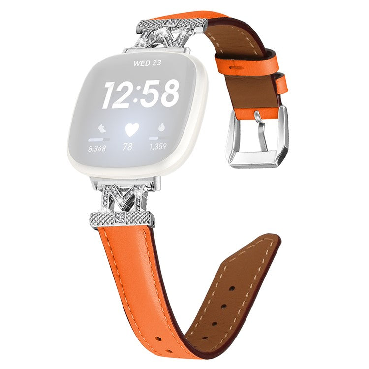 For Fitbit Versa 3 / Versa 4 / Sense / Sense 2 M Shape Rhinestone Decor Genuine Cowhide Leather Watch Strap with Silver Buckle - Orange