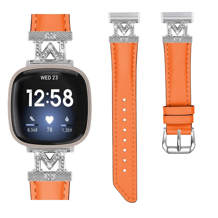 For Fitbit Versa 3 / Versa 4 / Sense / Sense 2 M Shape Rhinestone Decor Genuine Cowhide Leather Watch Strap with Silver Buckle - Orange