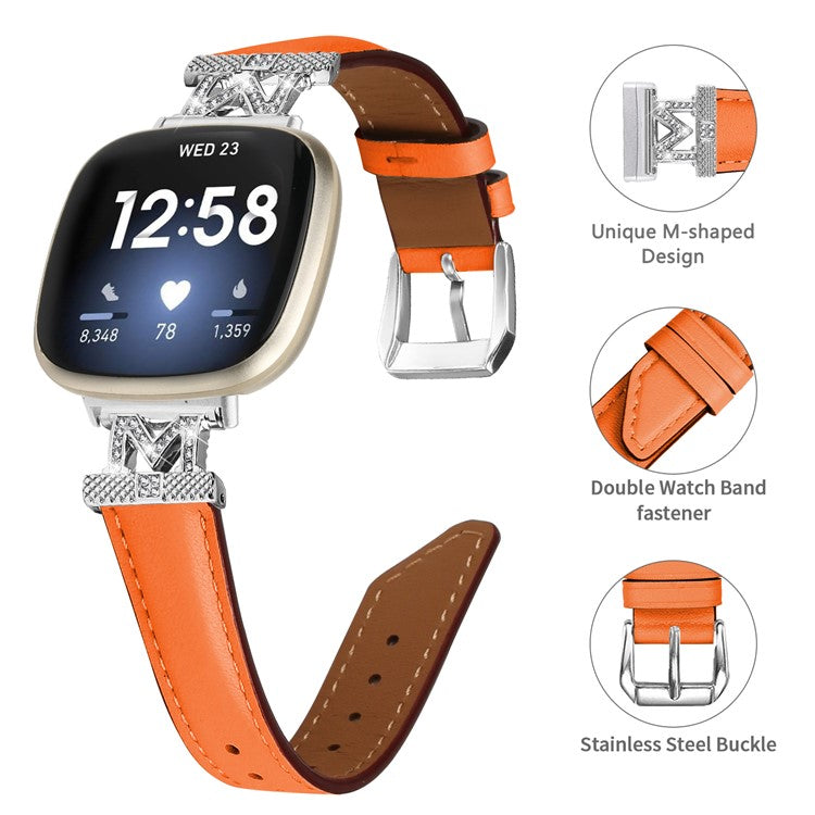 For Fitbit Versa 3 / Versa 4 / Sense / Sense 2 M Shape Rhinestone Decor Genuine Cowhide Leather Watch Strap with Silver Buckle - Orange