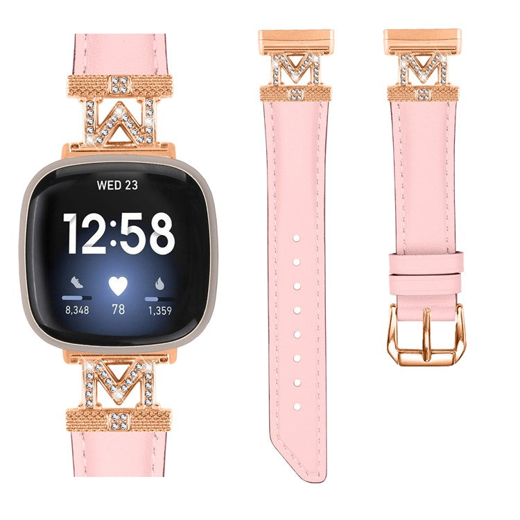 M Shape Rhinestone Watchband for Fitbit Versa 3 / Versa 4 / Sense / Sense 2 Genuine Cowhide Leather Watch Strap with Rose Gold Buckle - Pink