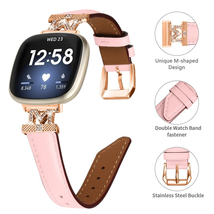 M Shape Rhinestone Watchband for Fitbit Versa 3 / Versa 4 / Sense / Sense 2 Genuine Cowhide Leather Watch Strap with Rose Gold Buckle - Pink