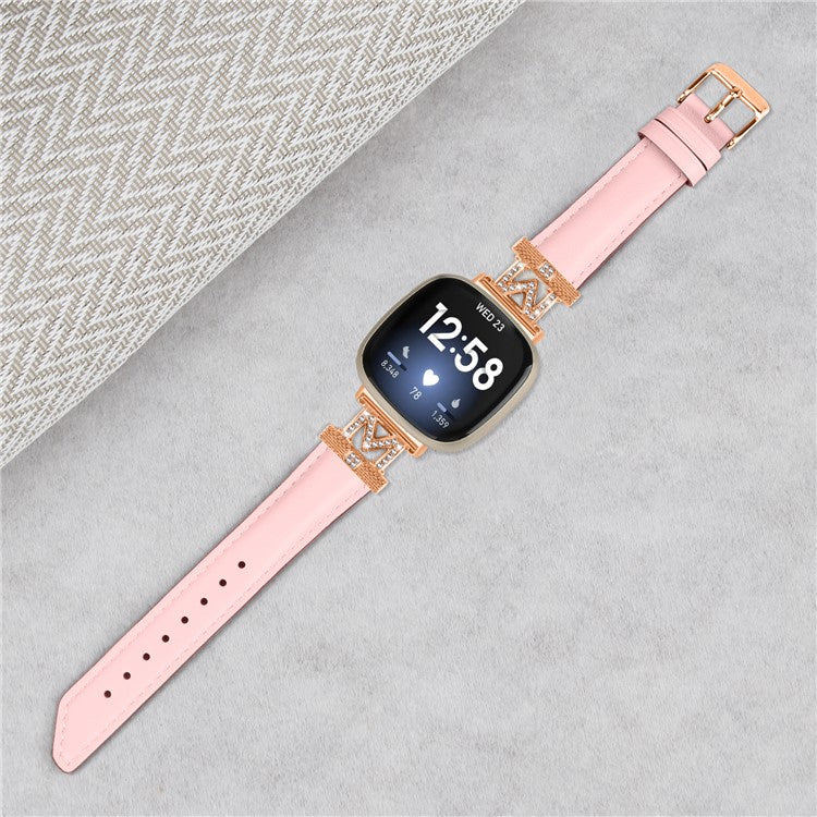 M Shape Rhinestone Watchband for Fitbit Versa 3 / Versa 4 / Sense / Sense 2 Genuine Cowhide Leather Watch Strap with Rose Gold Buckle - Pink