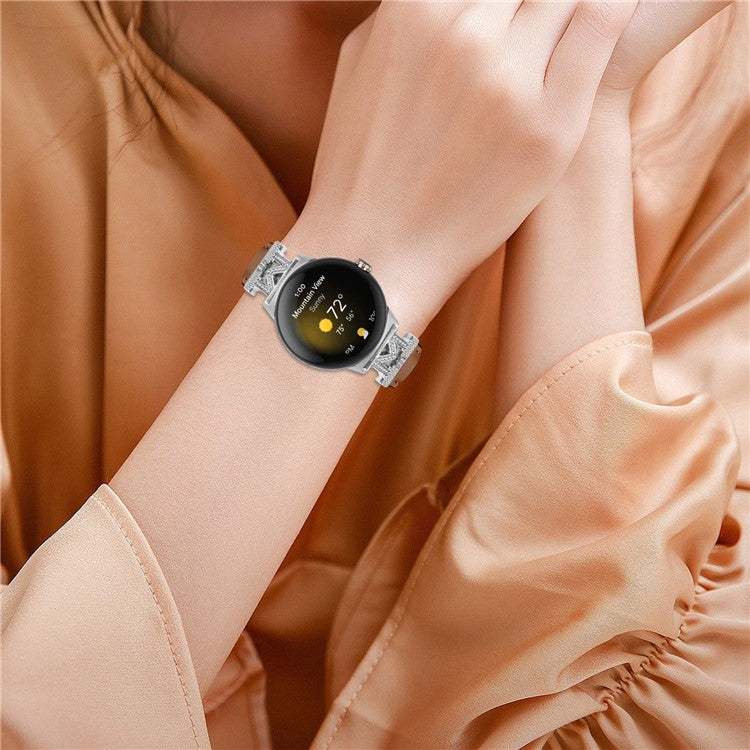 For Google Pixel Watch / Pixel Watch 2 Silver Buckle Genuine Cowhide Leather Watch Strap with M Shape Rhinestone Decor - Brown