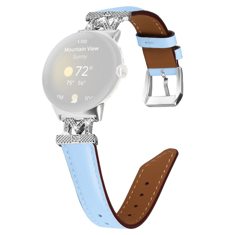 For Google Pixel Watch / Pixel Watch 2 Silver Buckle Genuine Cowhide Leather Watch Strap with M Shape Rhinestone Decor - Blue
