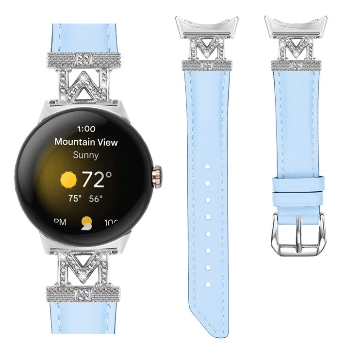 For Google Pixel Watch / Pixel Watch 2 Silver Buckle Genuine Cowhide Leather Watch Strap with M Shape Rhinestone Decor - Blue