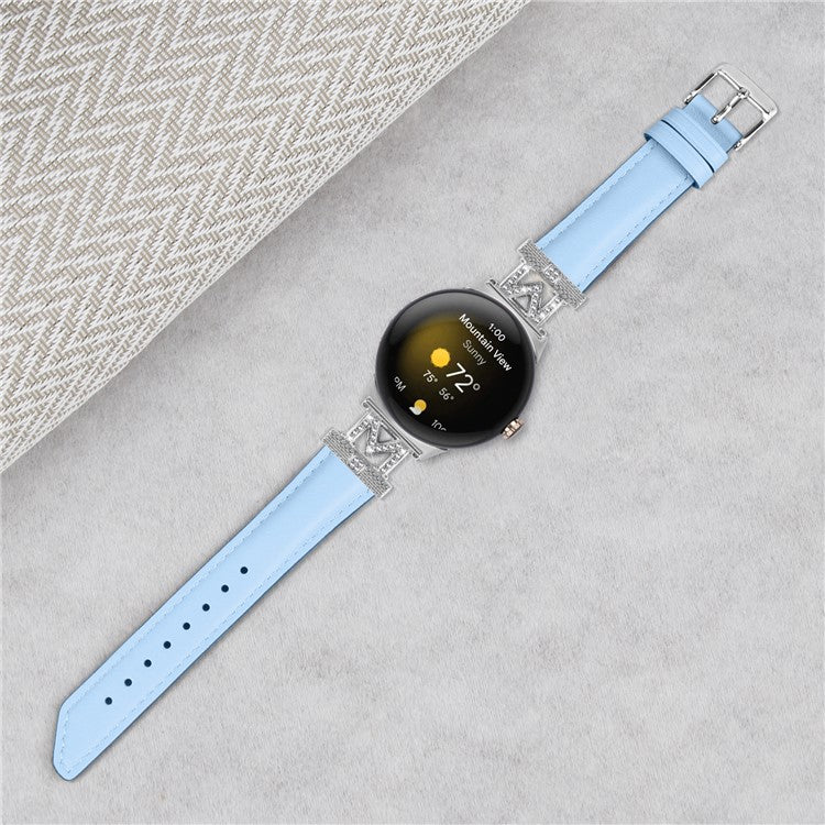 For Google Pixel Watch / Pixel Watch 2 Silver Buckle Genuine Cowhide Leather Watch Strap with M Shape Rhinestone Decor - Blue