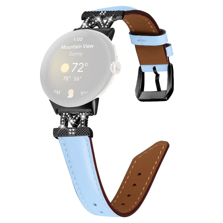 Watch Band for Google Pixel Watch / Pixel Watch 2 Black Buckle Genuine Cowhide Leather Strap with M Shape Rhinestone Decor - Blue