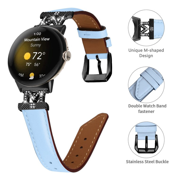 Watch Band for Google Pixel Watch / Pixel Watch 2 Black Buckle Genuine Cowhide Leather Strap with M Shape Rhinestone Decor - Blue