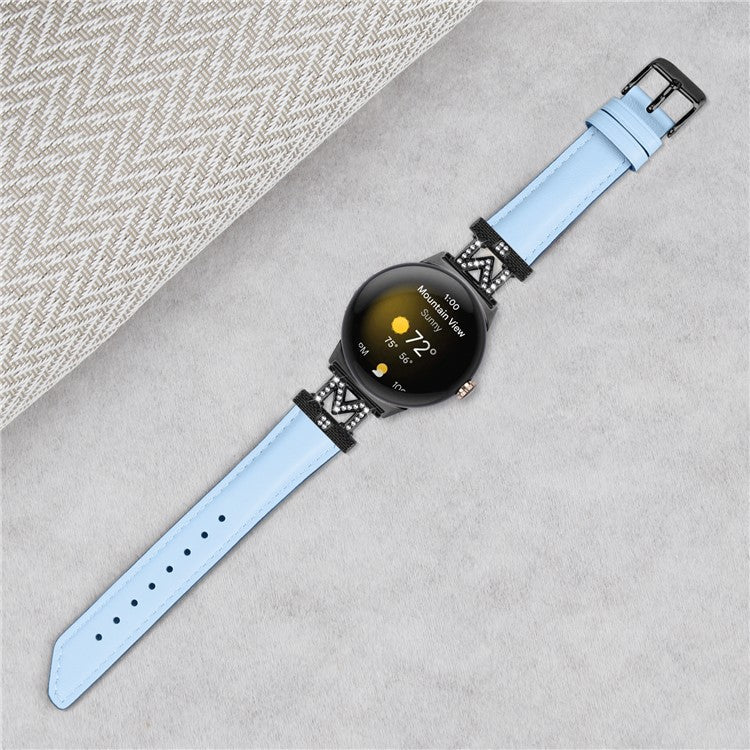 Watch Band for Google Pixel Watch / Pixel Watch 2 Black Buckle Genuine Cowhide Leather Strap with M Shape Rhinestone Decor - Blue