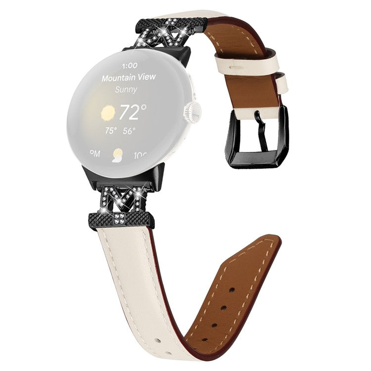 Watch Band for Google Pixel Watch / Pixel Watch 2 Black Buckle Genuine Cowhide Leather Strap with M Shape Rhinestone Decor - Apricot