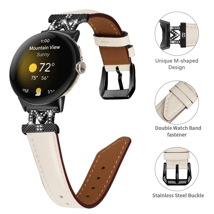 Watch Band for Google Pixel Watch / Pixel Watch 2 Black Buckle Genuine Cowhide Leather Strap with M Shape Rhinestone Decor - Apricot