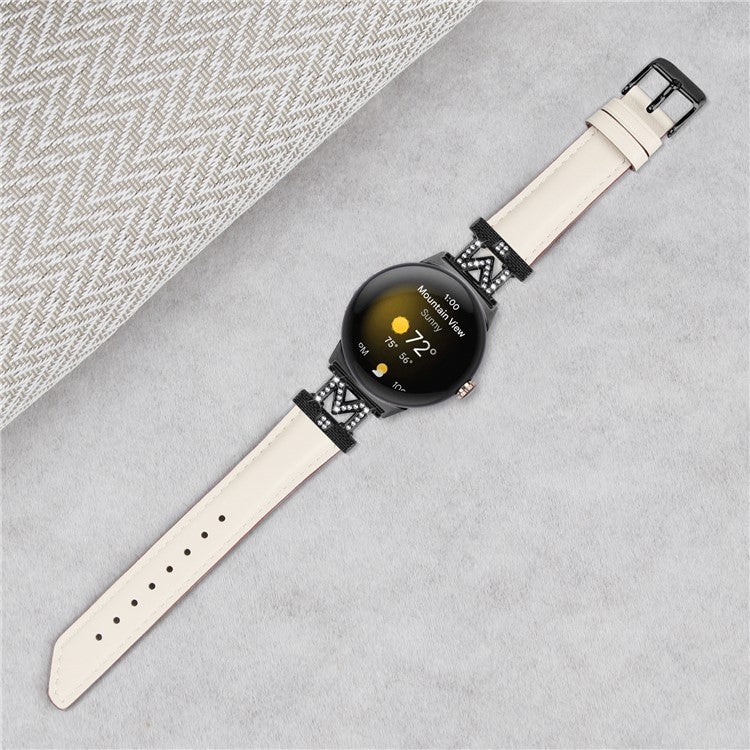 Watch Band for Google Pixel Watch / Pixel Watch 2 Black Buckle Genuine Cowhide Leather Strap with M Shape Rhinestone Decor - Apricot