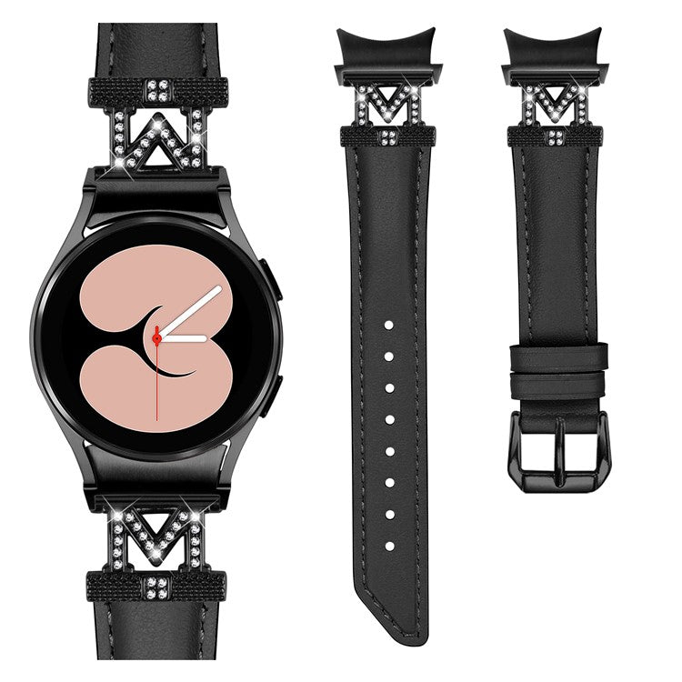 Watch Band for Samsung Galaxy Watch 5 / Watch4 44mm 40mm Rhinestone M-shape Connector Genuine Cow Leather Strap with Black Buckle - Black