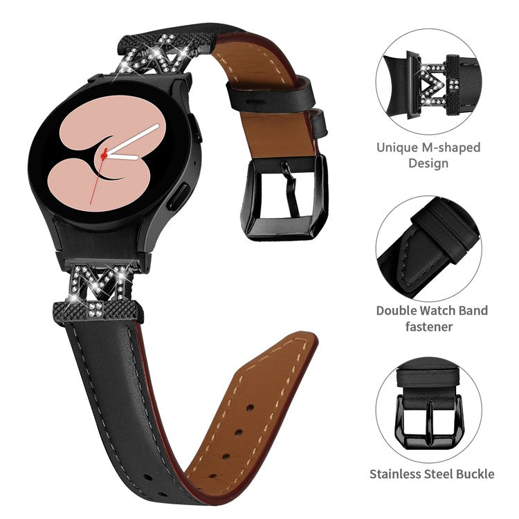 Watch Band for Samsung Galaxy Watch 5 / Watch4 44mm 40mm Rhinestone M-shape Connector Genuine Cow Leather Strap with Black Buckle - Black