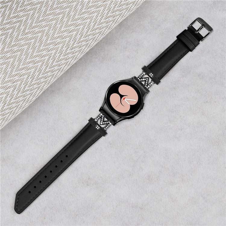 Watch Band for Samsung Galaxy Watch 5 / Watch4 44mm 40mm Rhinestone M-shape Connector Genuine Cow Leather Strap with Black Buckle - Black