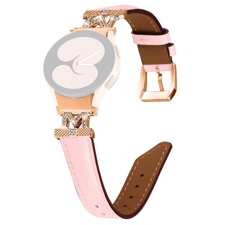 Genuine Cow Leather Band for Samsung Galaxy Watch 5 / Watch4 44mm 40mm Rhinestone M-shape Connector Strap with Rose Gold Buckle - Pink