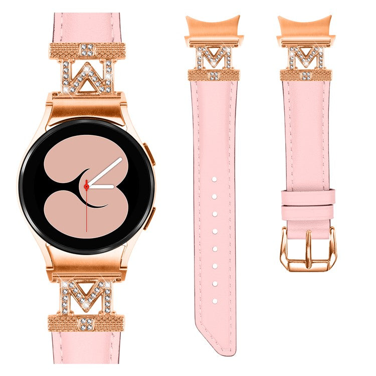 Genuine Cow Leather Band for Samsung Galaxy Watch 5 / Watch4 44mm 40mm Rhinestone M-shape Connector Strap with Rose Gold Buckle - Pink