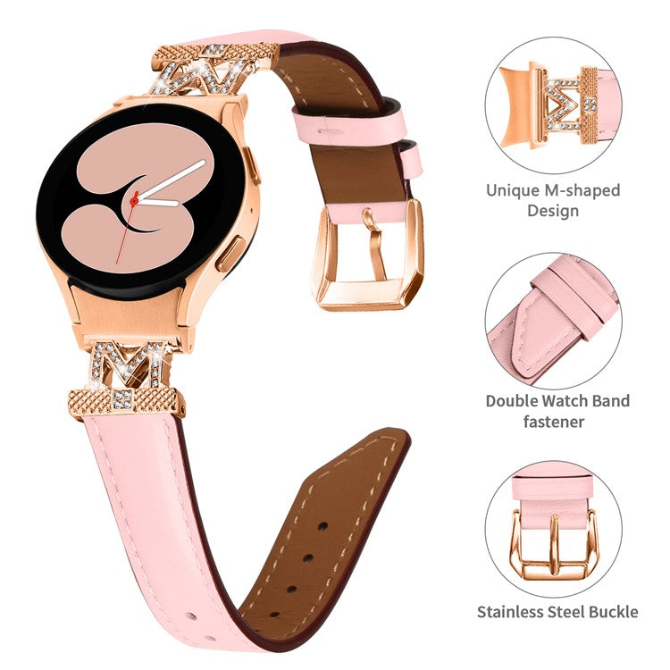 Genuine Cow Leather Band for Samsung Galaxy Watch 5 / Watch4 44mm 40mm Rhinestone M-shape Connector Strap with Rose Gold Buckle - Pink