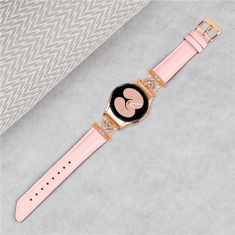 Genuine Cow Leather Band for Samsung Galaxy Watch 5 / Watch4 44mm 40mm Rhinestone M-shape Connector Strap with Rose Gold Buckle - Pink