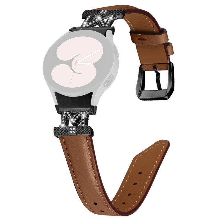 Genuine Cow Leather Band for Samsung Galaxy Watch6 40mm 44mm / Watch6 Classic 43mm 47mm Rhinestone M-shape Connector Watch Strap with Black Buckle - Brown